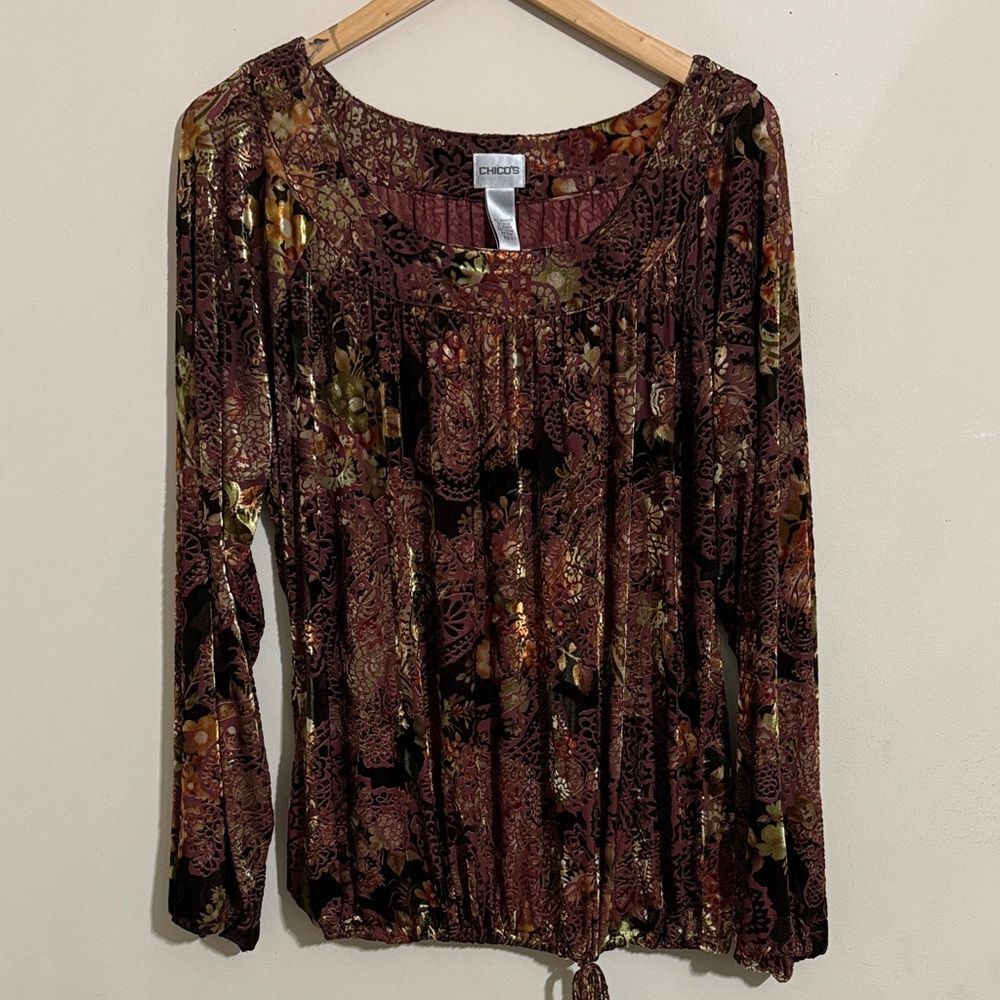 Chico's Slouchy Velour Peasant Top Burgundy Floral size L Goblincore Whimsigoth